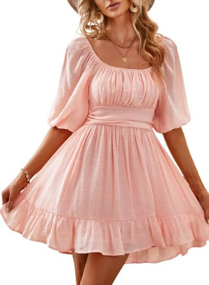 Dokotoo Womens Summer Dresses Square Neck Tie Back Lantern Sleeve Ruffle A-Line Casual Mini Dress | Amazon (US)