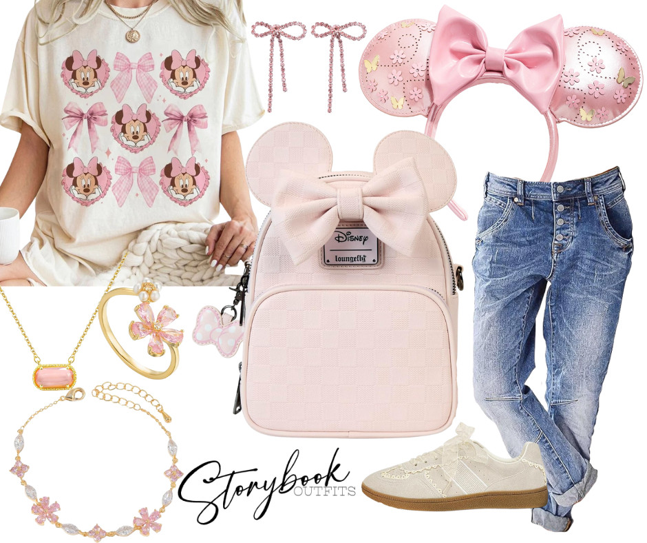 Pretty in Pink Minnie — the sweetest pastel Storybook Outfit for your next Disney day 🎀✨💗

Blush bow Minnie tee, floral-pink ears, soft pink Loungefly, dainty gold + pink jewelry, relaxed denim + lace-detail sneakers… this look is perfect for spring park trips, castle photos, or anyone who loves a soft girl Disney vibe. 

 