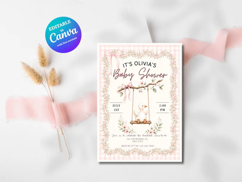 Pink Gingham Goose Baby Shower Invitation Template (Digital Download) | Etsy (Global)