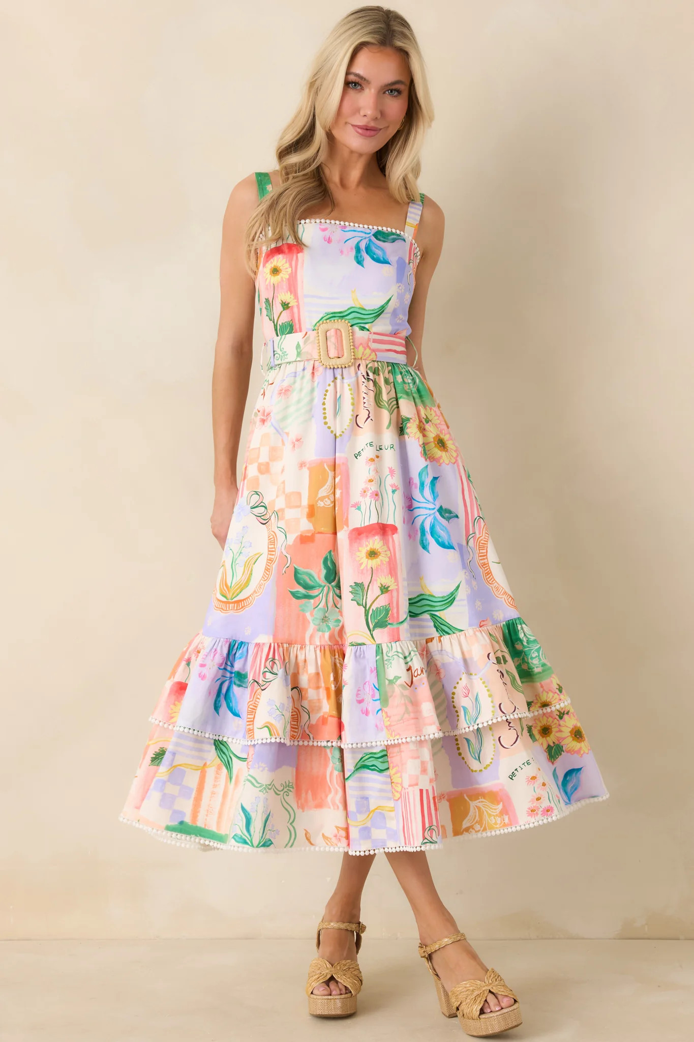 Prosperina Cassandra Peach Multi Floral Cotton Midi Dress | Red Dress