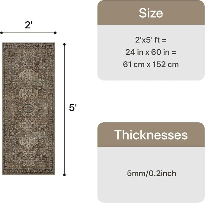 2x5 Rug Runner, Non Slip Washable for Hallway, Vintage Brown | Printed Ultra Thin Stain Resistant... | Amazon (US)