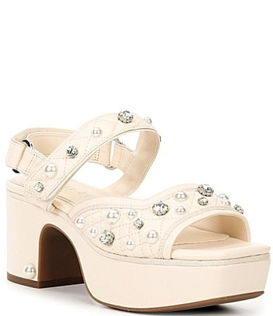 Gianni Bini Zoeyy Three Quilted Leather Pearl and Jewel Ornamented Square Toe Platform Sandals - 11 | Dillard's