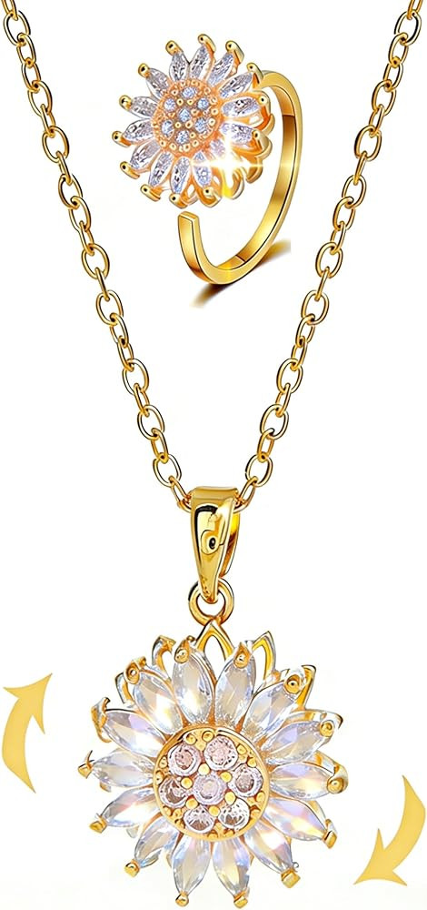 Cubic Zirconia Necklace Ring 2 PCS, Fidget Necklace, Sunflower Necklace 24k Gold Plated Titanium ... | Amazon (US)