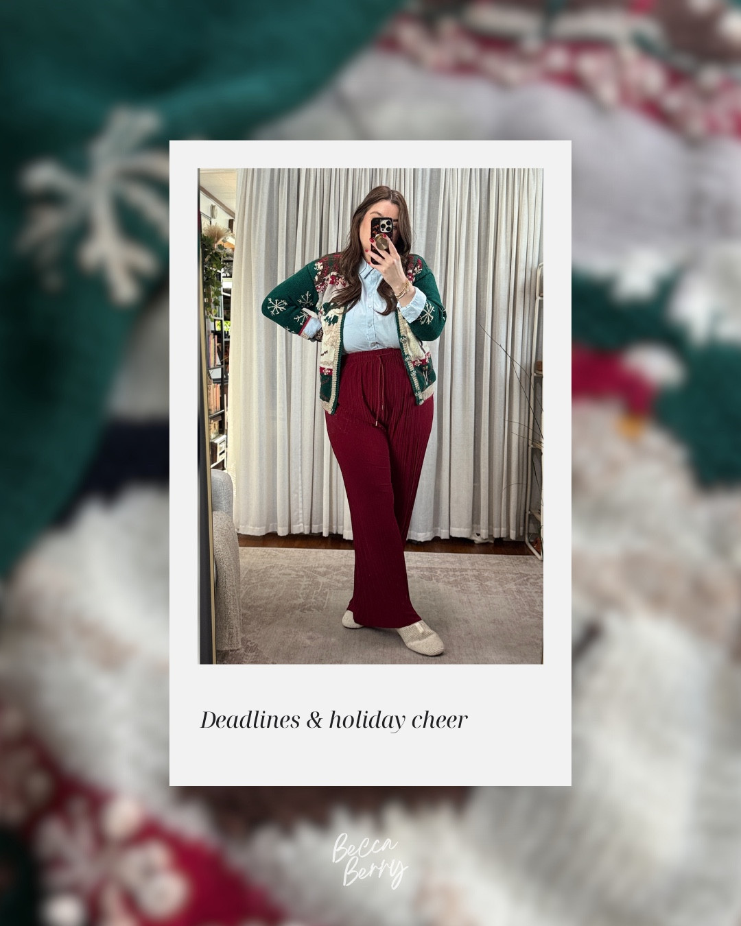 Let this be your reminder to pull out your vintage, festive holiday sweater this week 🎄

A small way to bring a little joy (and personality) into your workday, especially when the to-do list is long.

Holiday cheer, but make it WFH friendly ✨

Outfit details:
Jcrew factory Oxford shirt (Large)
Vintage, thrifted holiday sweater (Medium)
Pleated wide leg pants (XL)
Bombas slippers (size up if you are a half size)

#HolidayStyle #VintageStyle #FestiveFashion #WFHStyle #WorkFromHomeLife #HolidayOutfit #CozyWorkday #EverydayStyle #Over30Style #MidsizeStyle #ClassicStyle #HolidayVibes #rebecksley #wfhstyle

#LTKootd #LTKWorkwear #LTKMidsize