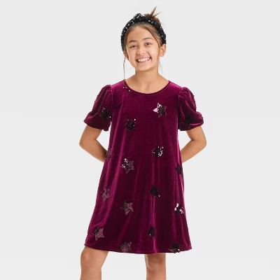 Girls' Short Sleeve Sequin 'Star' Velour Dress - Cat & Jack™ Burgundy | Target