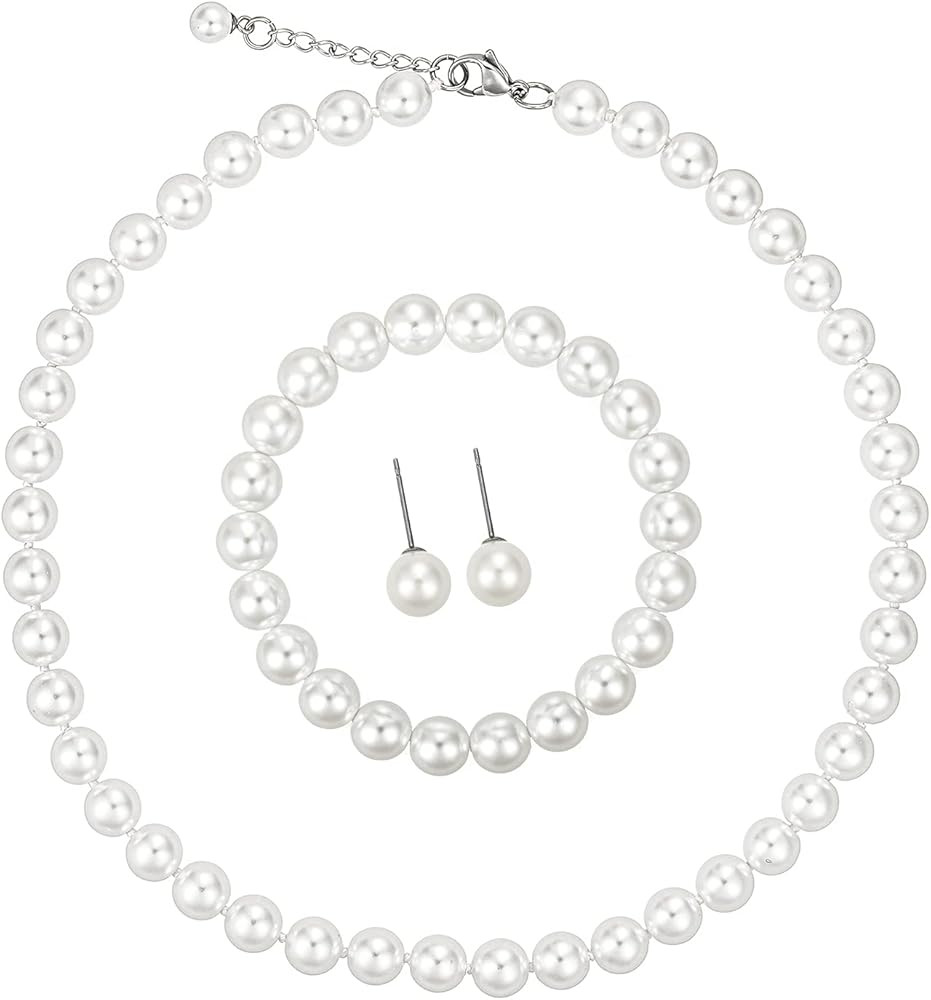 LZMEI White 8mm Faux Hand Knotted Glass Imitation Pearls Necklace Earring Jewelry 3 Set for Women... | Amazon (US)