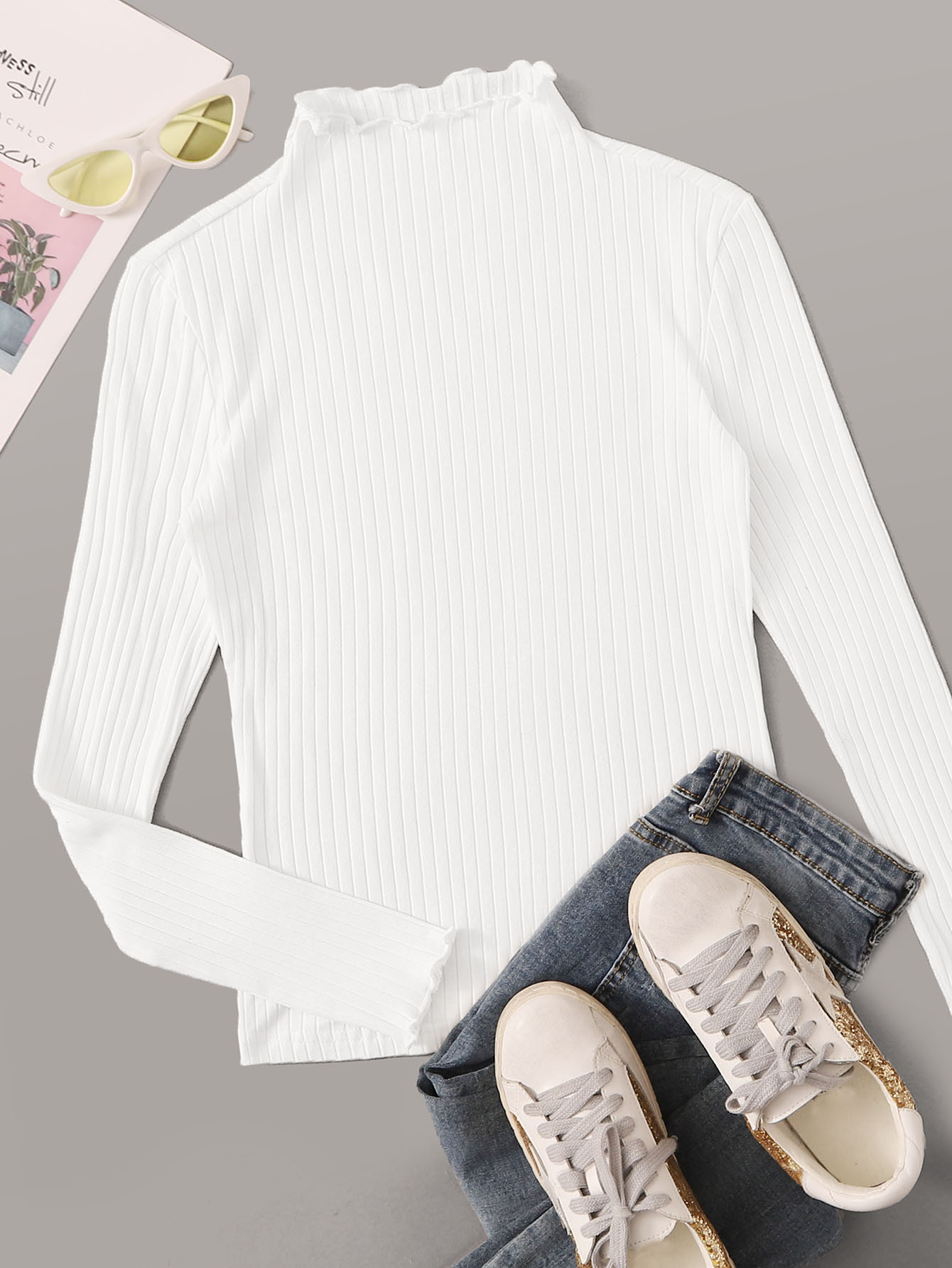 SHEIN EZwear Spring Dress Ribbed Mock Neck Lettuce-Edge Top | SHEIN USA | SHEIN