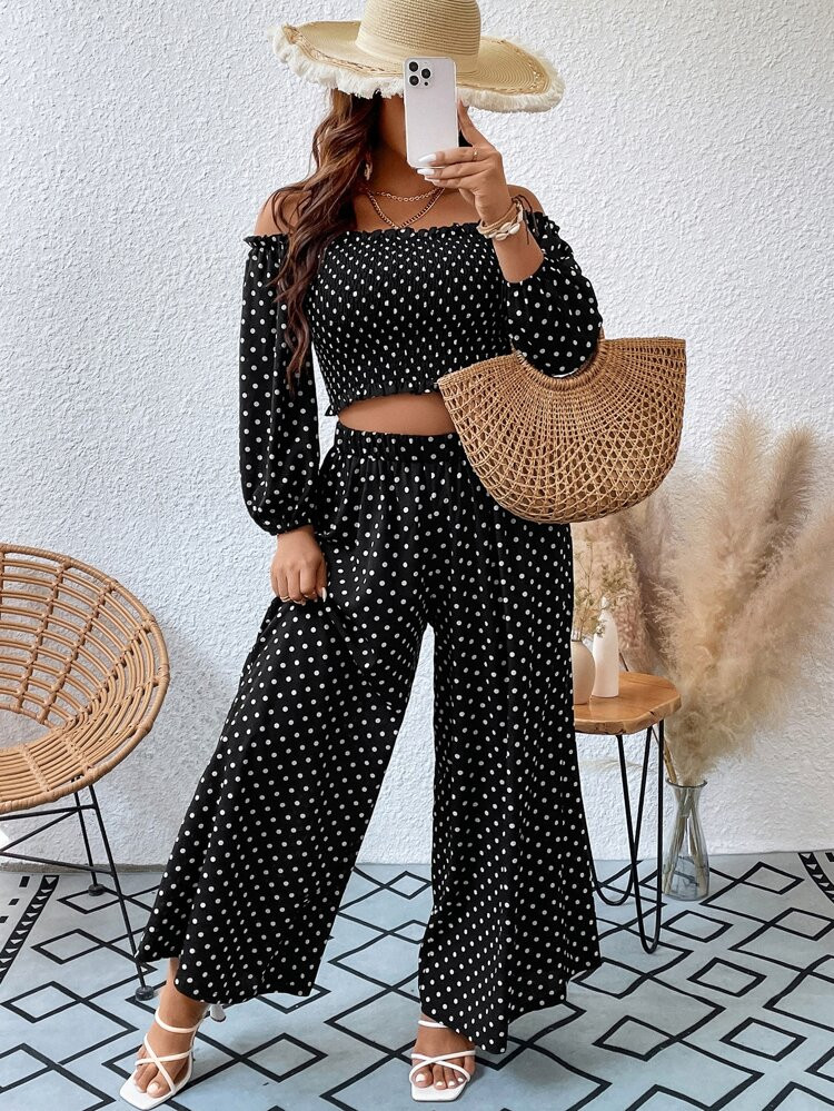 New
     
      Plus Polka Dot Off Shoulder Lantern Sleeve Crop Top & Wide Leg Pants | SHEIN