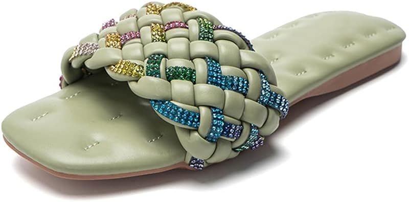 Juliet Holy Womens Square Toe Slide Sandals Flat Braided Rhinestone Casual Summer Slides | Amazon (US)