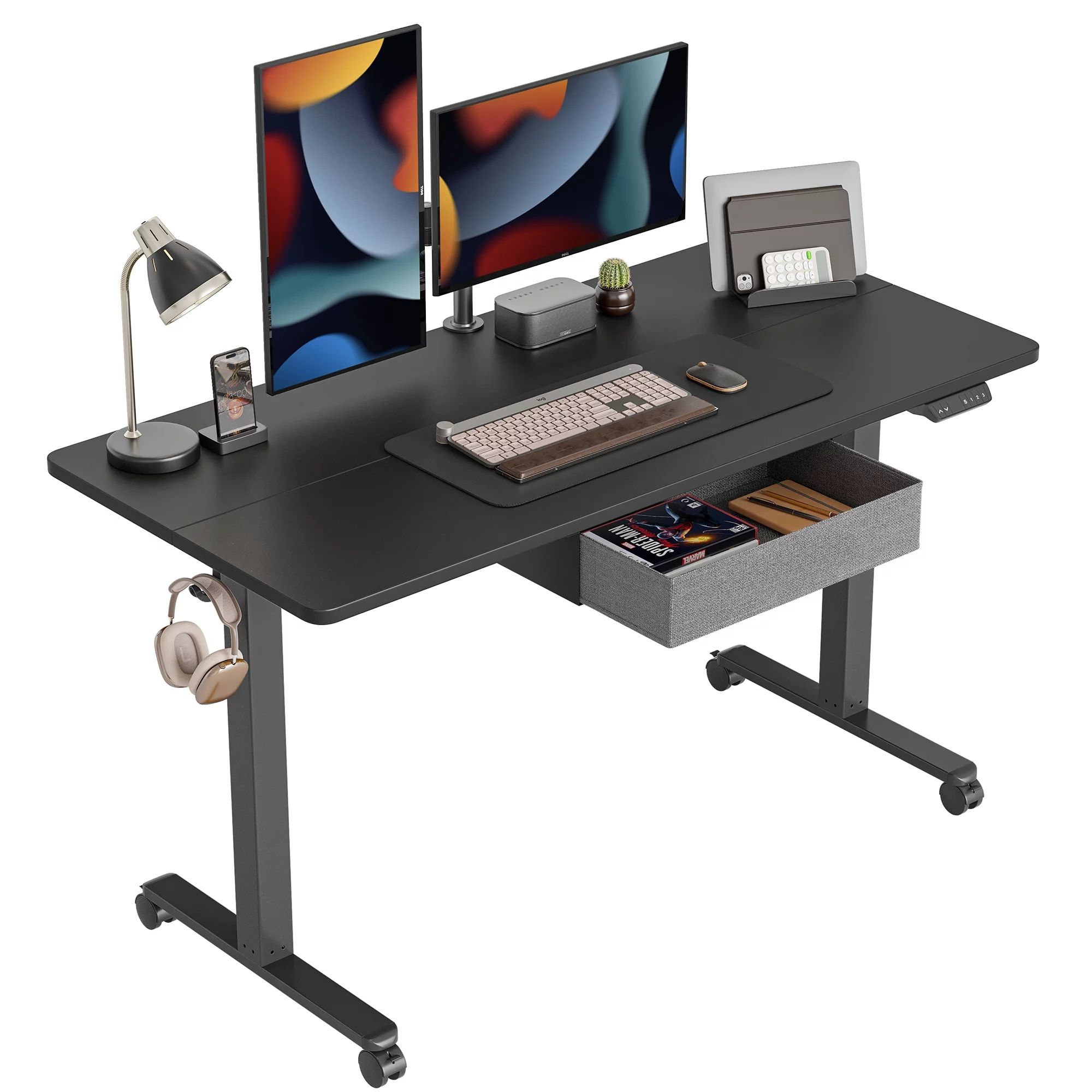 FEZIBO 63 x 24 inch Electric Standing Desk with Fabric Drawer, Splice Board in Black Finish | Walmart (US)