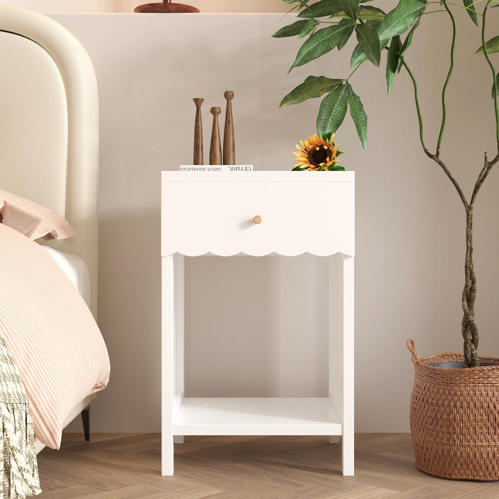 Modern White Nightstand With Drawer And Open Shelf,Scalloped Edge Bedside Table For Bedroom, Cute... | Wayfair North America