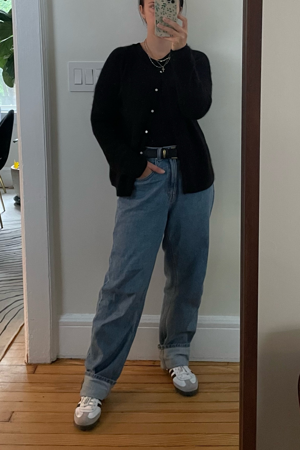 Sezane Gaspard cardigan, H&M jeans, black cardigan style, black cardigan outfit, adidas sambas outfit, sambas outfit, sambas style, black cardigan outfit ideas, cardigan outfit, fall outfit ideas, fall fashion 2023, fall outfits 2023, fall capsule wardrobe, capsule wardrobe outfits