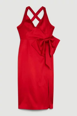 Italian Satin Bow Detail Cross Back Midi Dress | Karen Millen UK + IE + DE + NL
