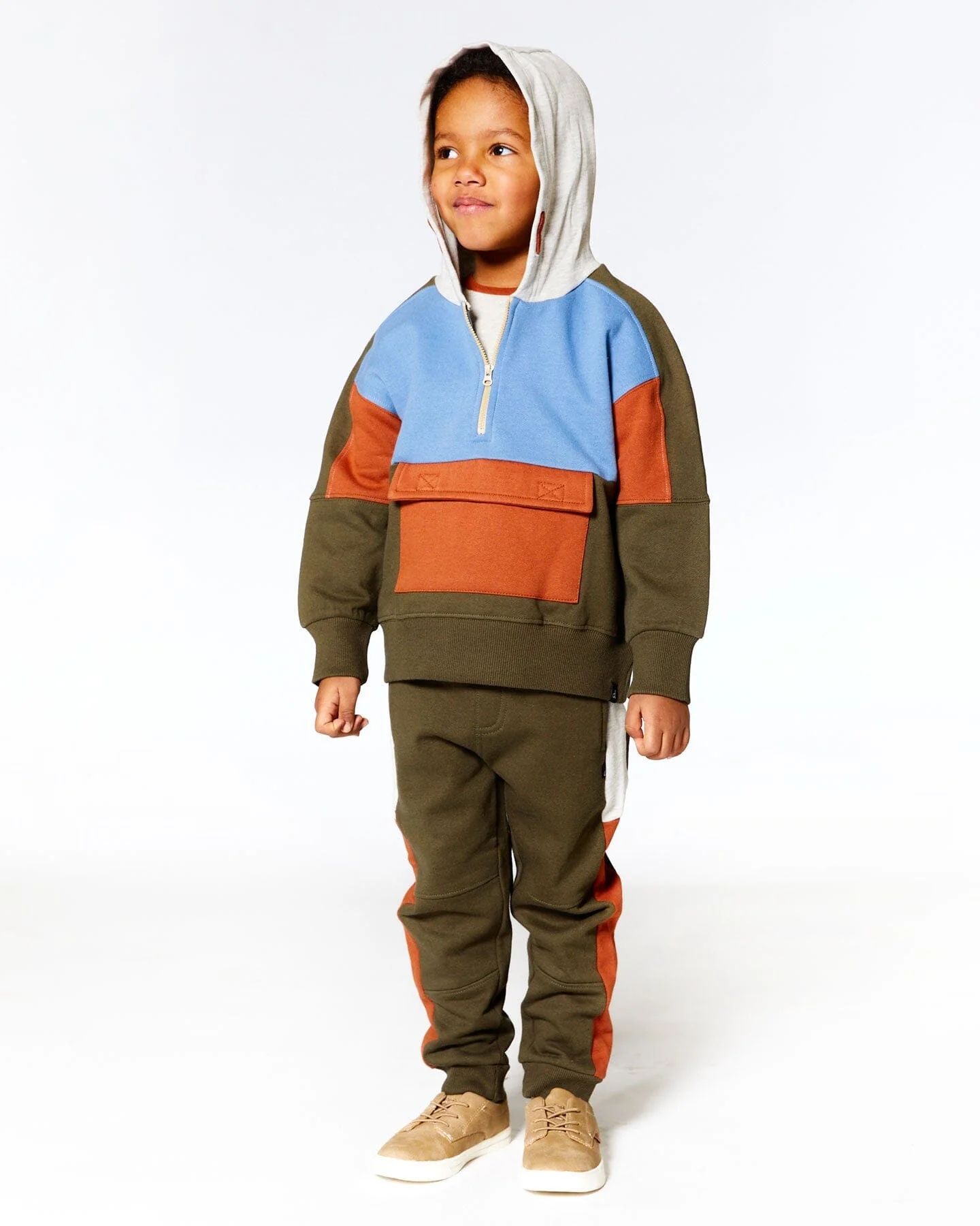 Fleece Half Zip Hooded Sweatshirt Grape Leaf, Blue And Caramel Color Block | Deux par Deux Childrens Designer Clothing