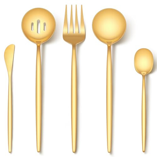 EUIRIO 5PCS Large Serving Utensils Set, Matte Gold Hostess Flatware Serving Utensils, Heavy Duty Stainless Steel Serving Spoon, Slotted Spoon, Serving Fork, Sugar Spoon&Butter Knife, Dishwasher Safe | Amazon (US)