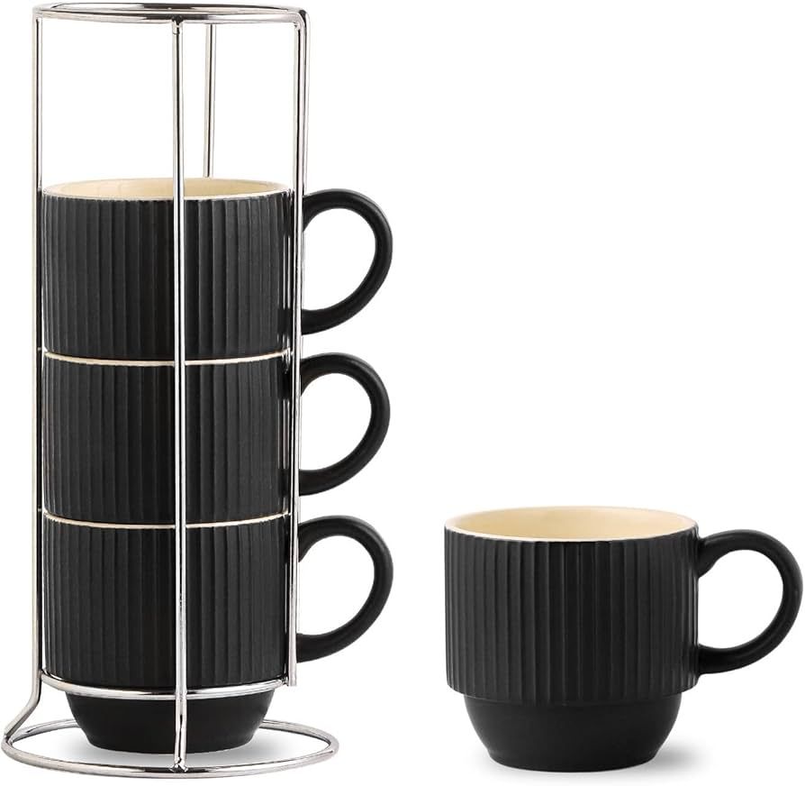 Hasense Black Coffee Mug Porcelain Set of 4 with Rack - 12 oz Stackable Coffee Cups Ceramic, Mode... | Amazon (US)