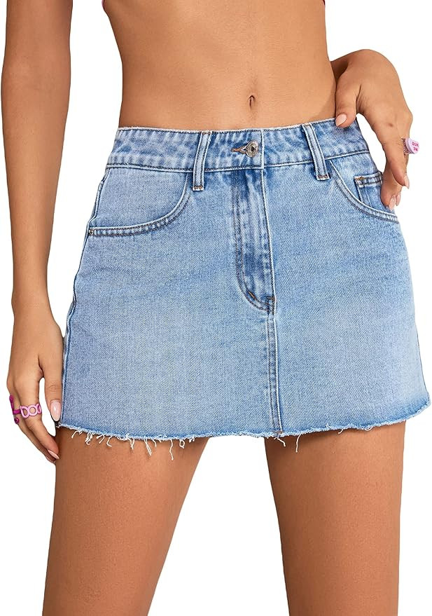 Milumia Women's Button Front Denim Mini Skirt Raw Hem Straight Short Skirt with Pockets | Amazon (US)