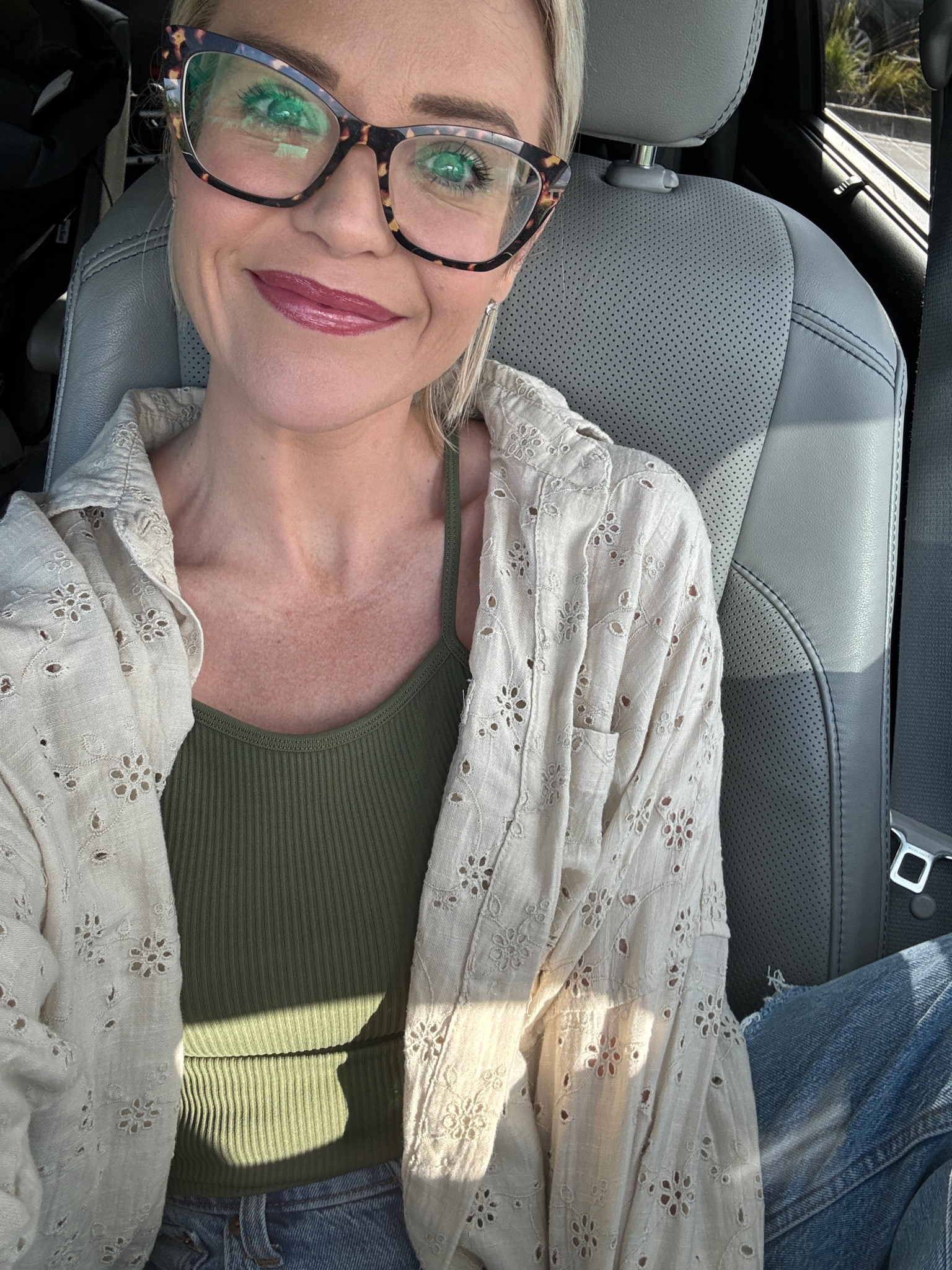 Loving this embroidered button down! So cute - lightweight and perfect for layering, transition from summer to fall 🙌🏼 wearing XS so it def runs oversized

Lip shade is the buxom full force lipstick in dolly dreamer 

Glasses are @paireyewear - code WELLNESS15 

#LTKSeasonal #LTKSummerSales #LTKFindsUnder50