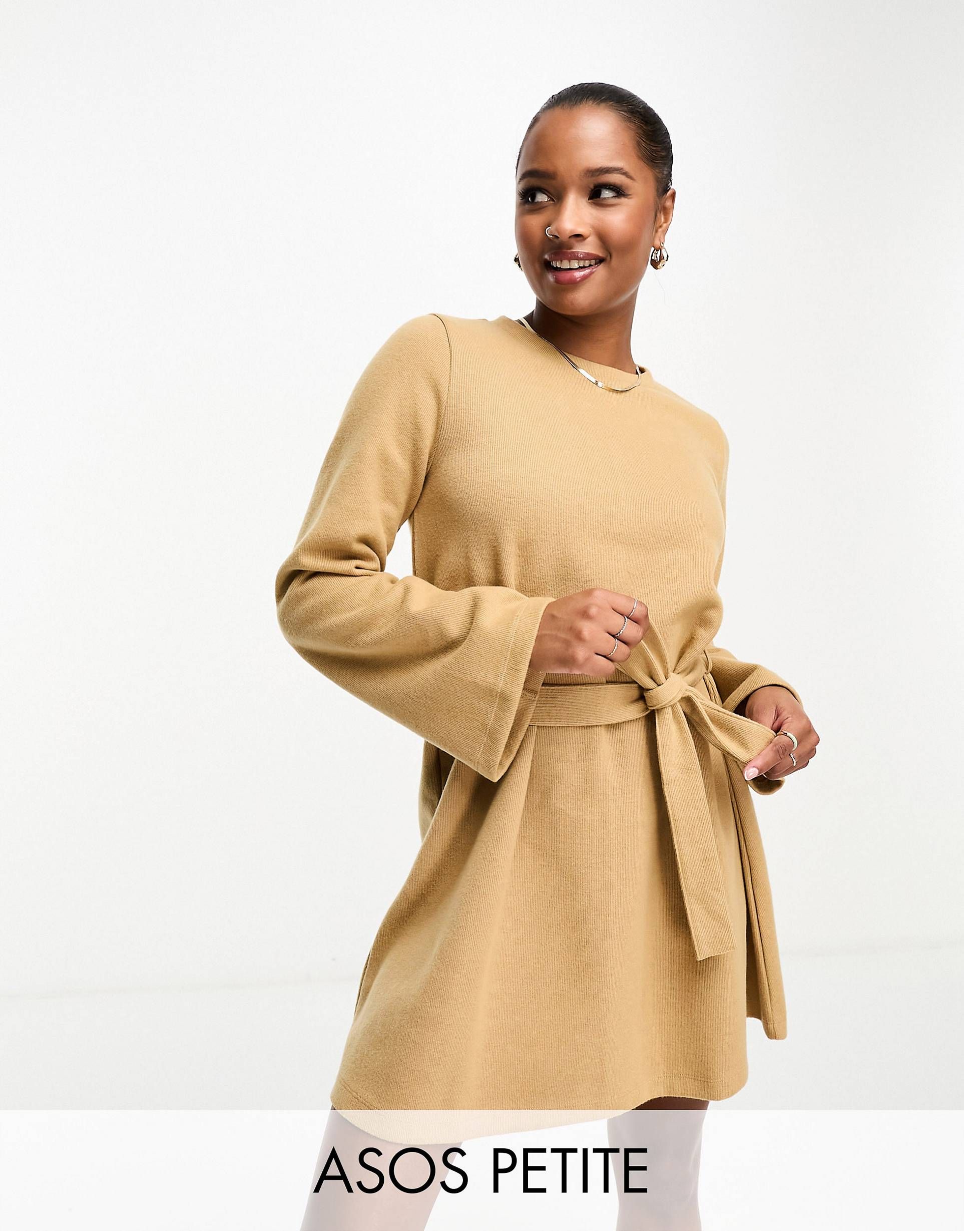 ASOS DESIGN Petite super soft flare sleeve sweater swing mini dress with belt in camel | ASOS (Global)