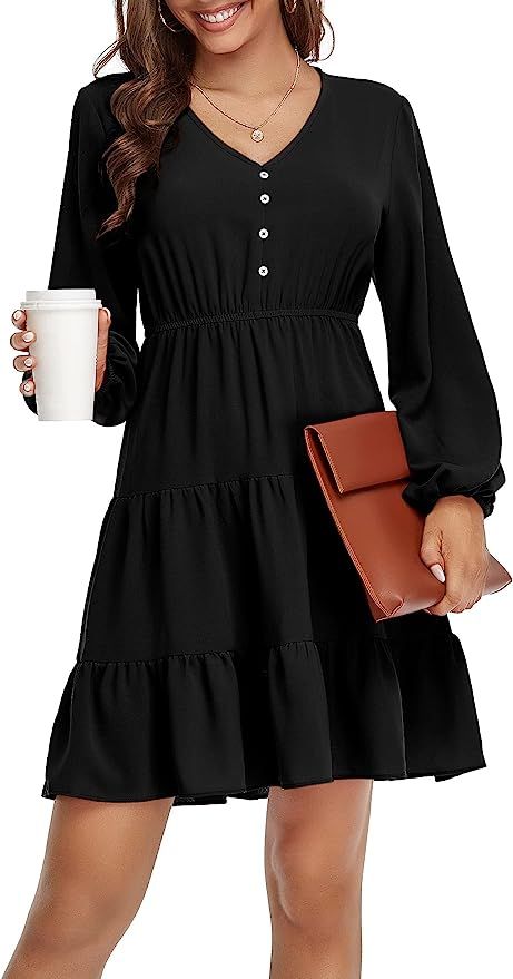GOORY Womens V Neck Button Down Babydoll Dress Swing Long Sleeves Mini Dress | Amazon (US)