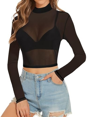 Women's Mesh See Through Tops High Neck Long Sleeve Sheer Short Blouse Underwear (Black,2XL) | Amazon (US)