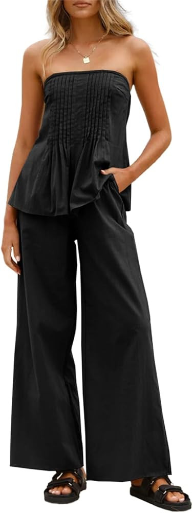Tankaneo Womens 2 Piece Outfits Summer Strapless Tube Tops Wide Leg Pants Cotton Vacation Pleated... | Amazon (US)