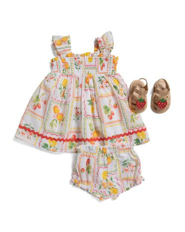 newborn girls 2pc smocked bodice fruit tile dress set with sandals | TJ Maxx