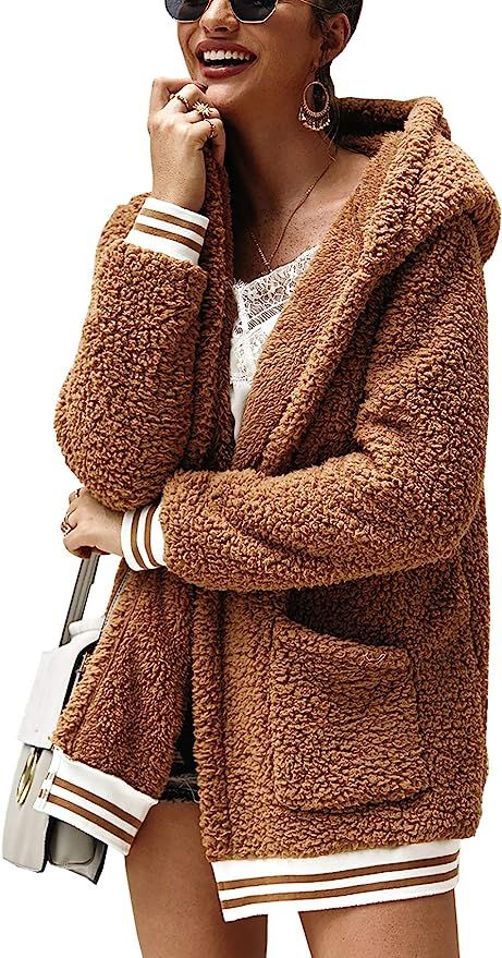 BTFBM Women Fleece Hooded - Open Front Long Sleeve Fuzzy Sherpa Loose Warm Winter Two Pockets Coa... | Amazon (US)
