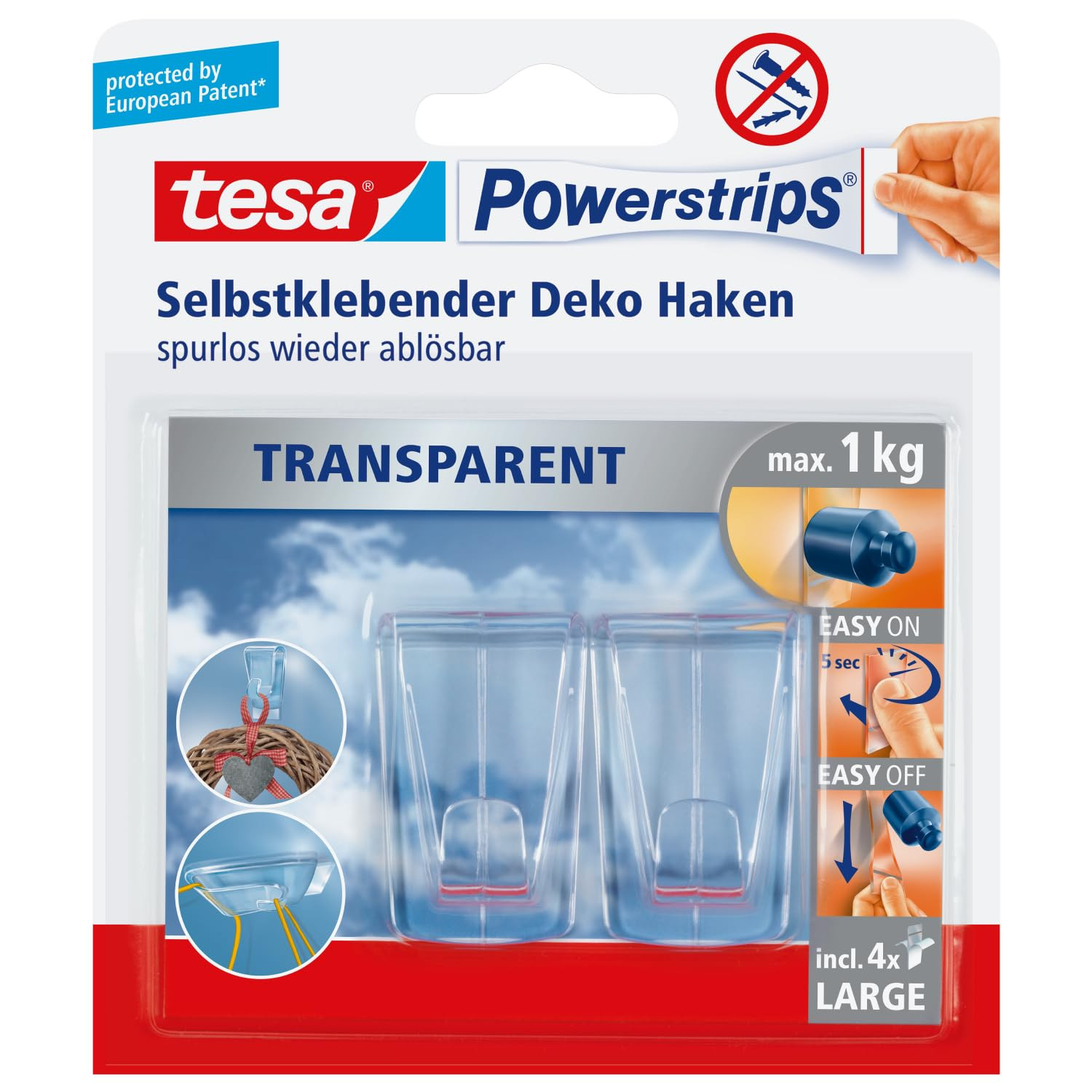 tesa Klebehaken für transparente Oberflächen und Glas (1 kg) - Durchsichtige, selbstklebende Haken - Bis zu 1 kg Halteleistung pro Haken, 2-er Pack | Amazon (DE)