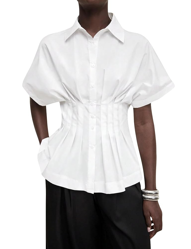 MISSACTIVER Striped Button Down Shirts for Women Short Sleeve Pleated Corset Blouse Casual Summer... | Amazon (US)