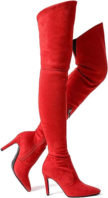 Women Stretch Suede Chunky Heel Thigh High Over The Knee Boots | Amazon (US)
