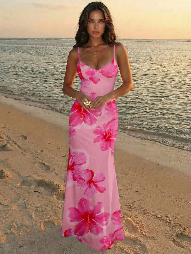 Aloruh Vacation Spaghetti Strap Tie-Up Bodycon Printed Dress For Women, Spring/Summer,Pink Dress | SHEIN