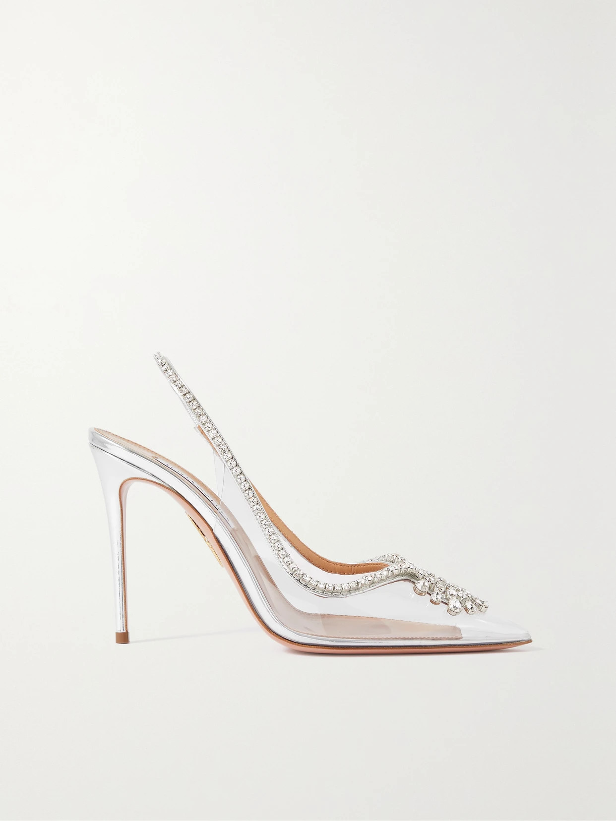 Aquazzura - Seduction 105 Crystal-embellished Metallic Leather And Pvc Slingback Pumps - Silver | NET-A-PORTER (US)