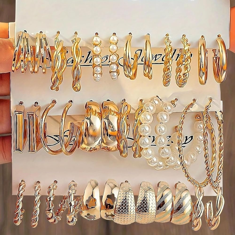 Amazon.com: Gold Hoop Earrings Set for Women, 18 Pairs Hypoallergenic Multipack, Open Pearl & Chu... | Amazon (US)