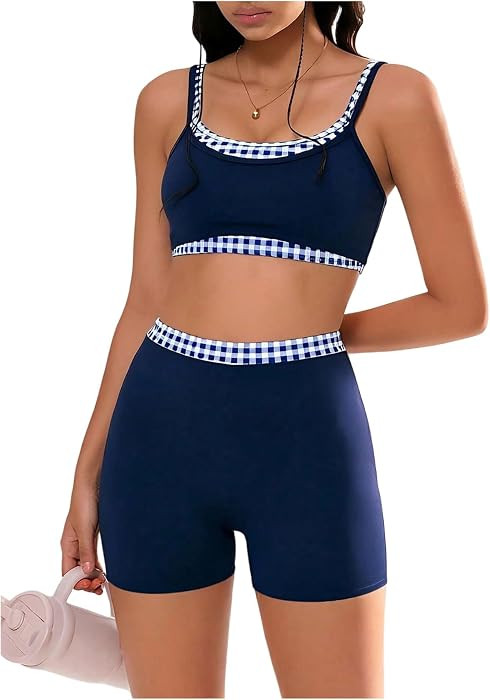 SweatyRocks Women's 2 Piece Gingham Crop Camisole and Matching Biker Short | Amazon (US)