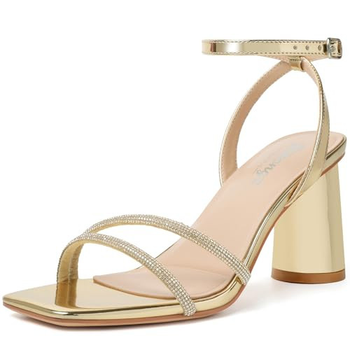 RIBONGZ Gold Heels for Women Chunky Block Strappy Heeled Sandals Square Open Toe Sparkly High Heels Wedding Party Prom Dress Shoes 11 | Amazon (US)