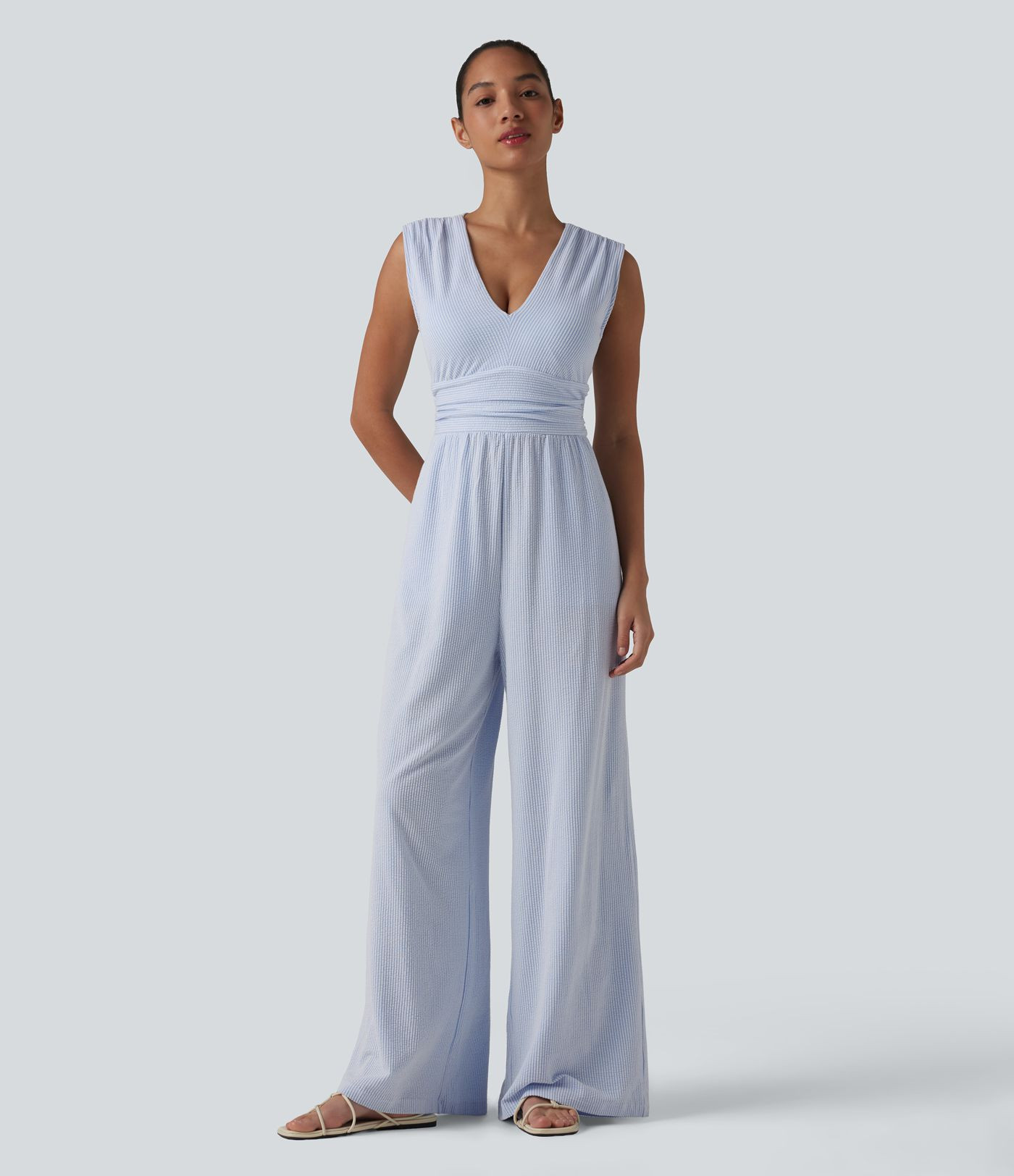 V Neck Sleeveless Built-in Bra Stripe Casual Jumpsuit with Pockets-Easy Peezy Edition | HALARA
