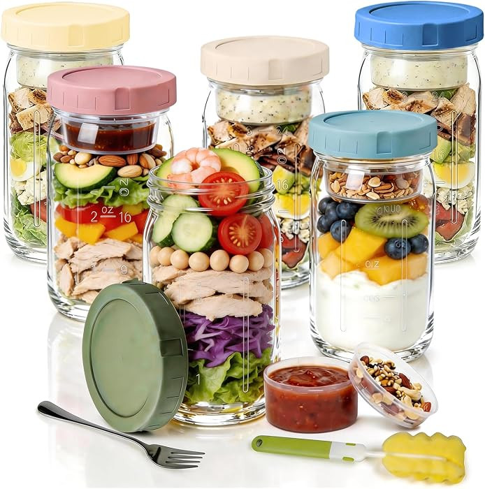6 Pack Glass Salad Jars with Dressing Cups for Meal Prep, 32oz Leakproof Mason Jars Container wit... | Amazon (US)