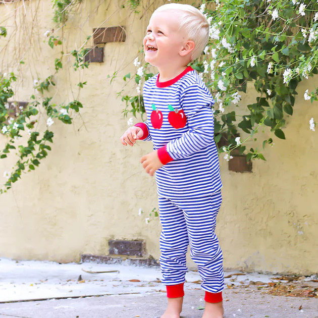 Apple Applique Loungewear Royal Blue Stripe | Classic Whimsy