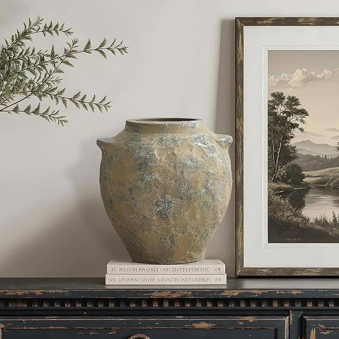 LuxenHome Rustic Ceramic Vase, 11" Tall Old-World Brown with Gray Round Terracotta Vases with Han... | Amazon (US)