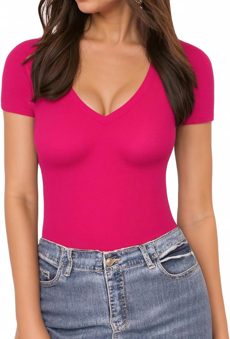MANGOPOP Deep V Neck Short Sleeve Long Sleeve Tops Bodysuit for Women Clothing | Amazon (US)
