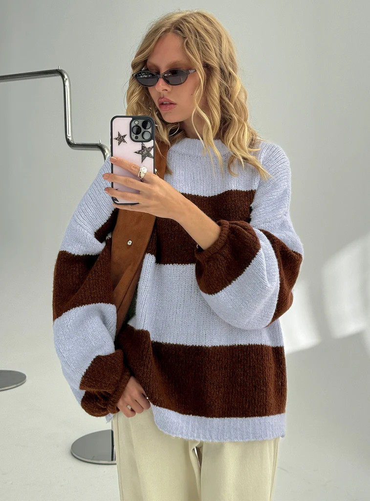 Bastien Crew Neck Knit Sweater Blue / Chocolate Stripe | Princess Polly US