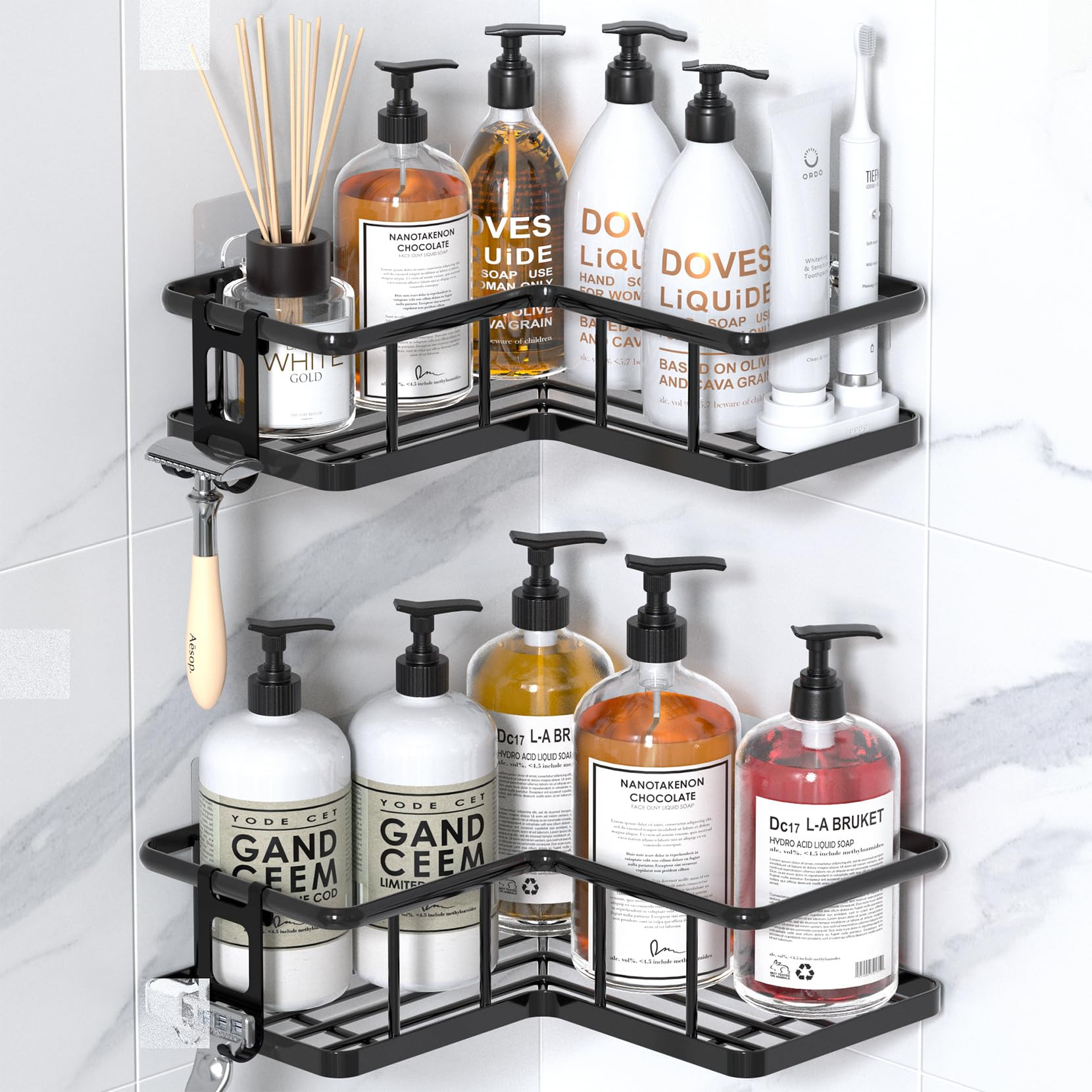 YASONIC Corner Shower Caddy 2 Pack, No Drill Adhesive Shower Storage Shelves, Rustproof Stainless Steel Wall Mounted Bathroom Organizer Shelf with 2 Removable Hooks for Dorm & Renters, Black | Amazon (US)