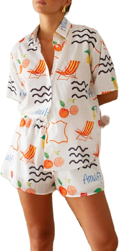 ROAONOCOMO Women Graphic 2 Piece Shorts Matching Sets Button V Neck Short Sleeve Blouse Wide Leg ... | Amazon (US)