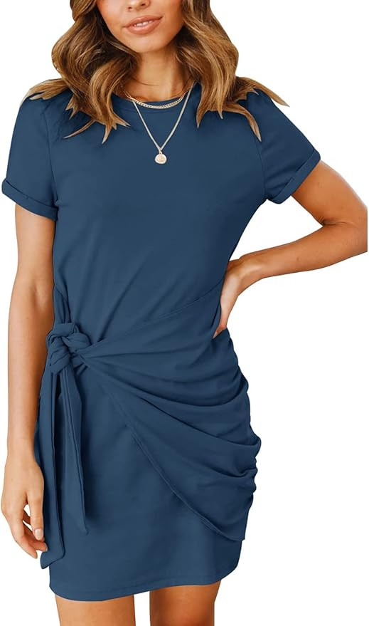 MEROKEETY Women's Short Sleeve Crew Neck T Shirt Dress Tie Waist Ruched Bodycon Mini Dress | Amazon (US)