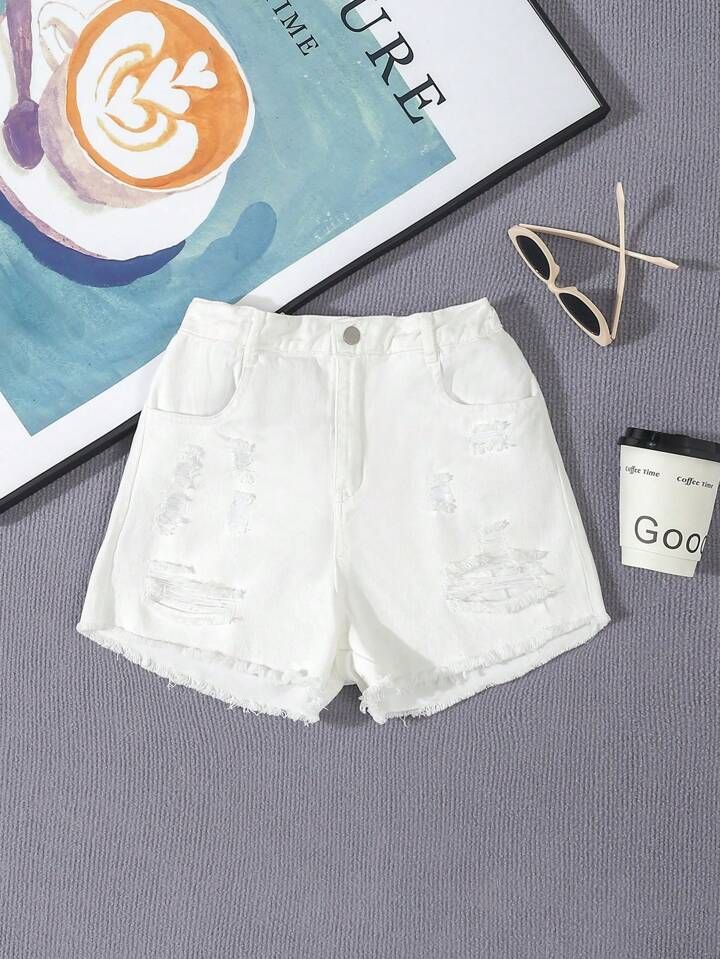 Tween Girl Casual Street Style Ripped Denim Shorts | SHEIN