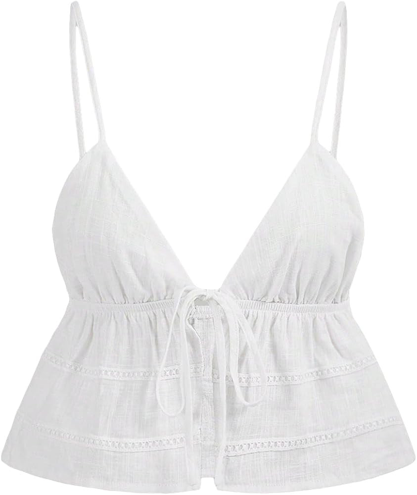 OYOANGLE Women's Spaghetti Strap Deep V Neck Cami Crop Tops Tie Front Cami Sleeveless Peplum Top | Amazon (US)