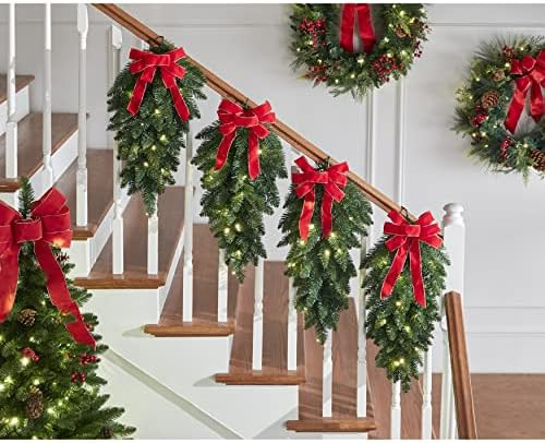 BrylaneHome Pre-Lit Stair Swags, Set of 4 Christmas Decoration, Green Red | Amazon (US)