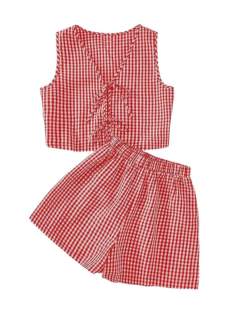 SOLY HUX Women's Summer 2 Piece Outfits Plaid Print Sleeveless Tie Front Tank Top Vest Shorts Bea... | Amazon (US)