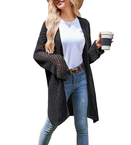 Women's Long Sleeve Cardigans Side Slit Lightweight Crochet Knit Summer Cardigan Sweaters Front Tied Oversized Modern Top Black XL | Amazon (US)